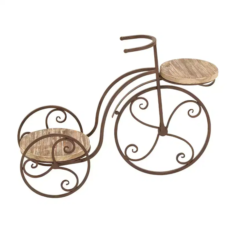 Metal and Wood Novelty Bicycle Plant Stand with Wooden Platforms Brown - Olivia & May