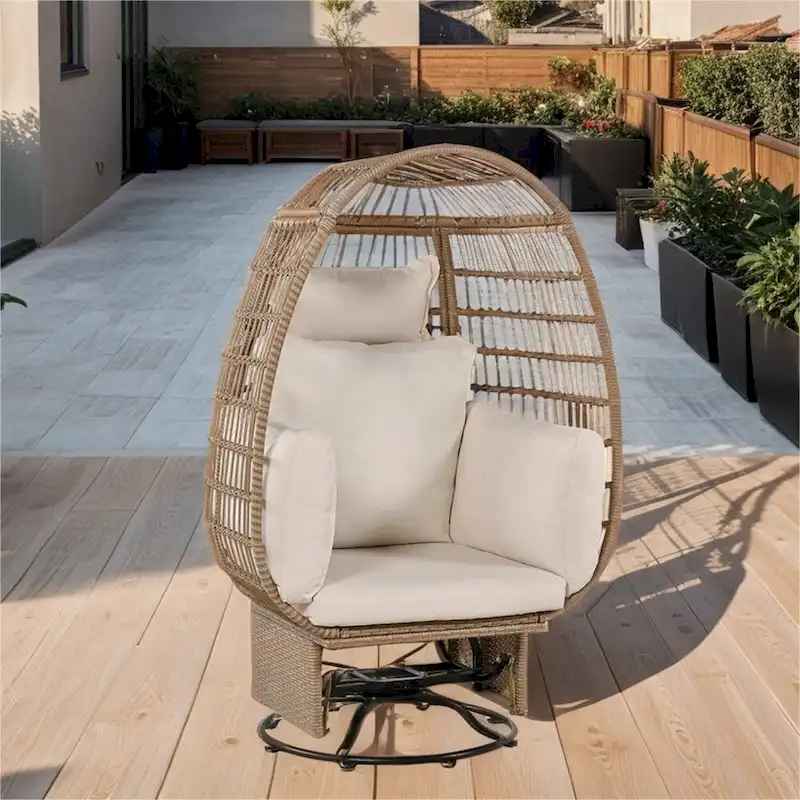 Egg-Shaped Wicker Patio Chair with 360&deg; Swivel, Rocking Base and Cushions