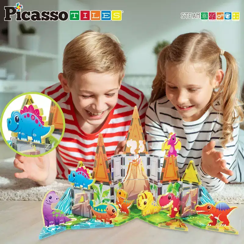 PICASSO-TILES 8PCS Dinosaur Toys Action Figures Compatible with Magnetic Tiles, STEM Construction Build and Play Learning Educational Toys Set