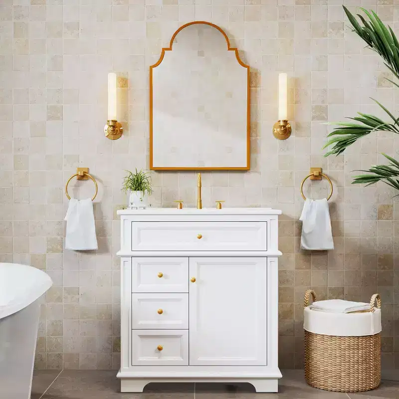 PexFix White Bathroom Vanity Set with Arched Mirror 30 Inch Single Sink Vanity Cabinet with Soft-Close Doors & Drawers for Bathroom Storage and Dcor