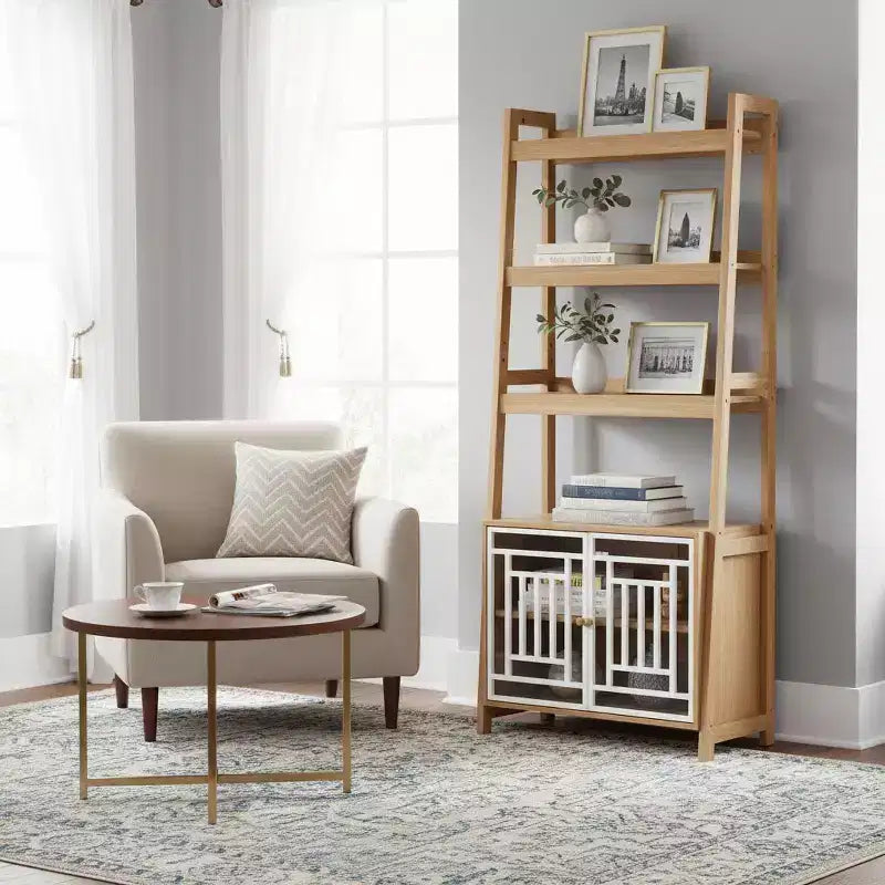 76 Ladder Shelf with Storage Cabinet & Open Display, 3-Tier Bookshelf for Living Room or Office, Natural