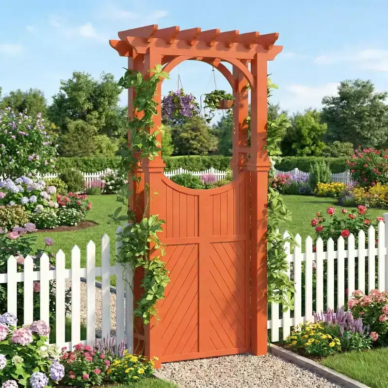 Outdoor Wooden Arch Trellis, Wood Garden Arbor with Gate, Wood Arbor for Climbing Planting Plant Stand, Yard, Garden Decor