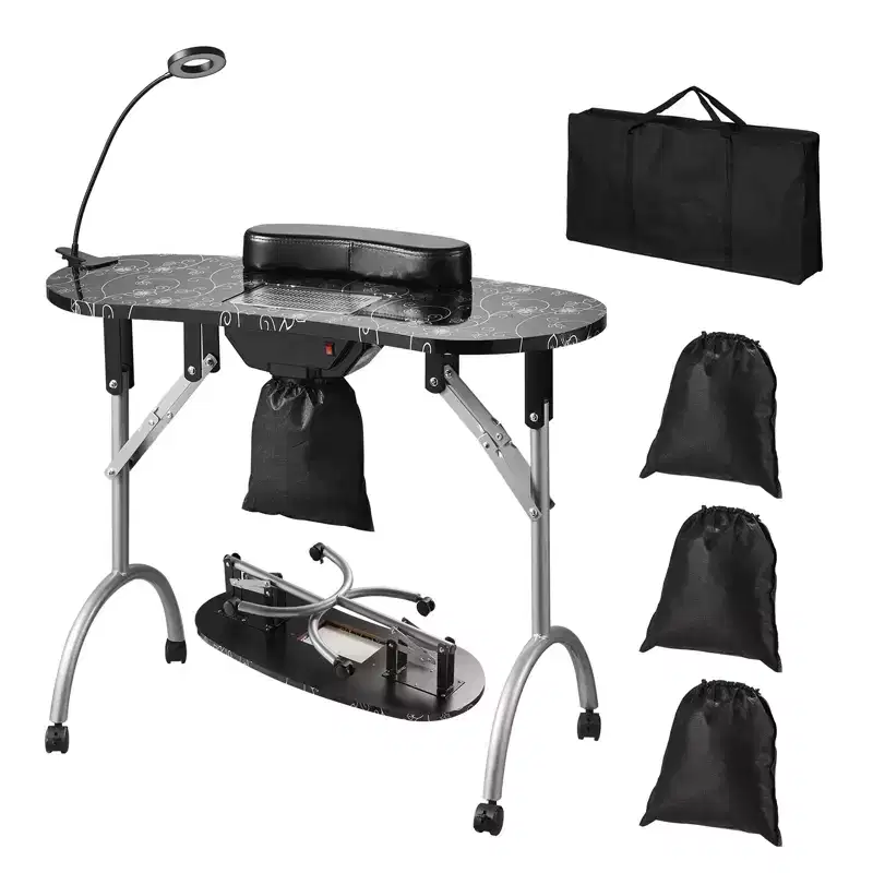 VEVOR Portable Manicure Table, Foldable Nail Table with Electric Dust Collector, Moveable Nail Tech Desk & 4 Wheels, 3 Dust Bags, Black