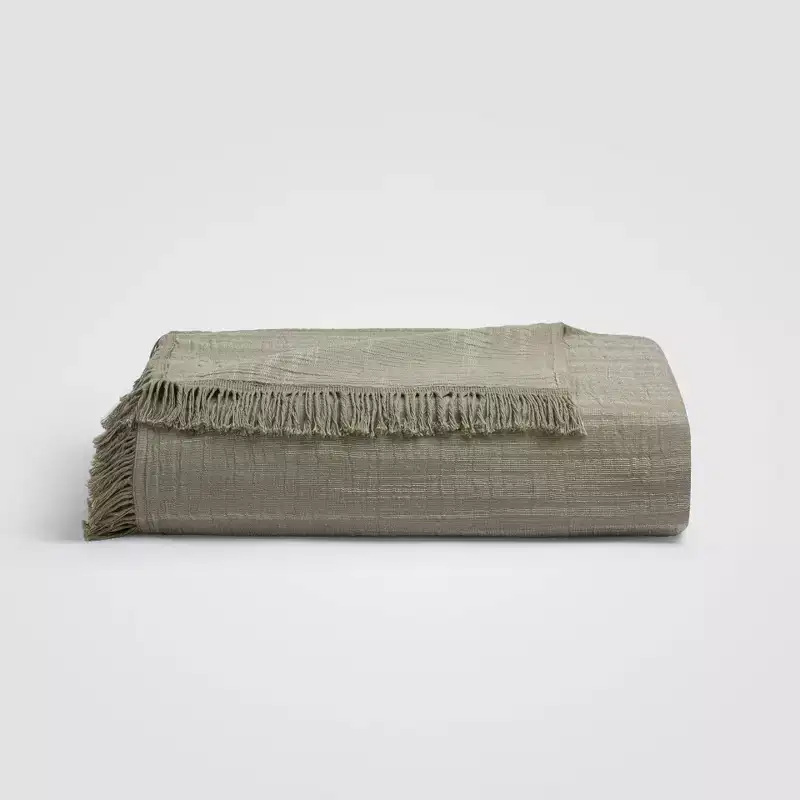 Sage Fringe Textured Cotton Bedspread, Warm Neutral Accent