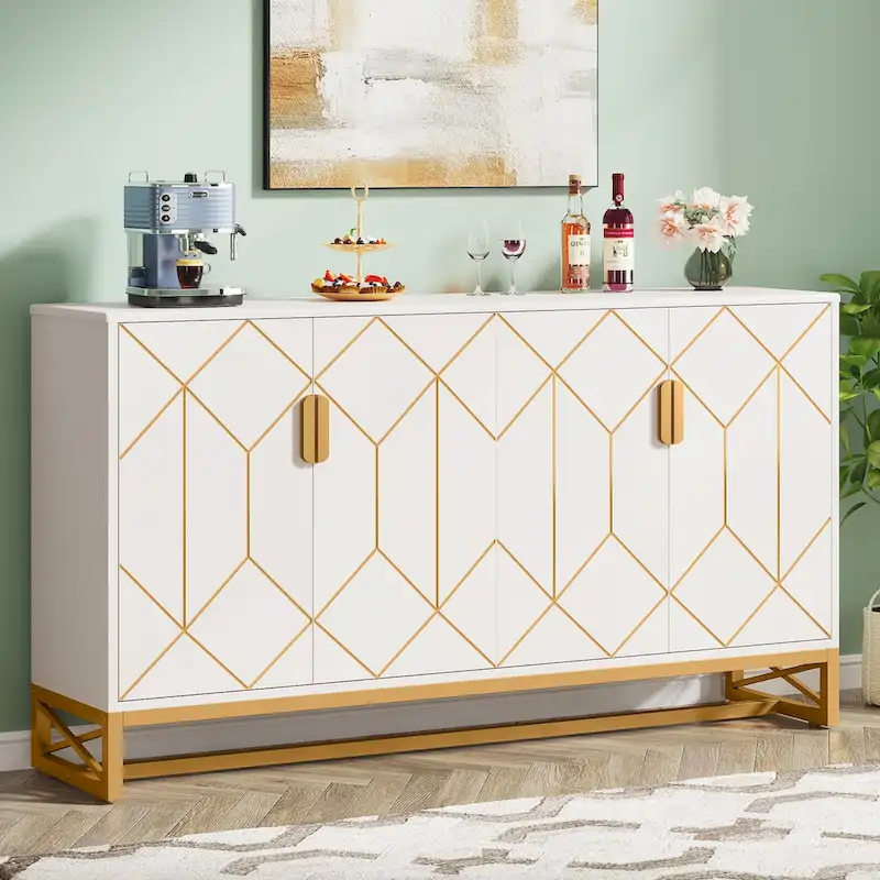 White Gold Buffet Cabinet with Storage, Kitchen Sideboard