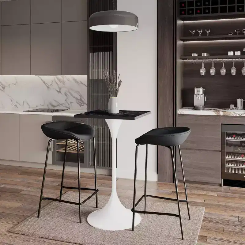 LeisureMod Verve 24 Sqaure Bar Height Dining Table - Modern MDF Top with White Pedestal Base Counter Height Table for Kitchen, Home, and Pub