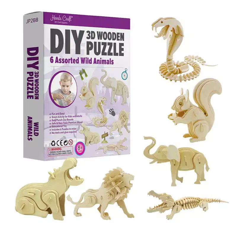 6ct Wooden Puzzle Wild Animals Bundle Set - Hands Craft: Craft Kits for Girls Age 8, Gifts, Wood Craft Activity Kits