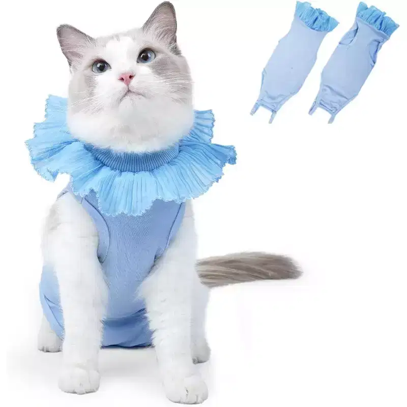 Cat Recovery Suit,Soft Anti-Licking Bodysuit with Adjustable Buckle,E-Collar Substitute,Warm After Shaving Light Blue M
