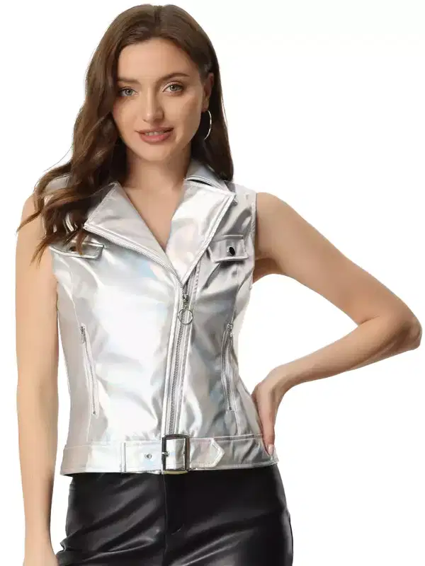 INSPIRE CHIC Women's Lapel Moto Biker Faux Leather PU Sleeveless Jacket