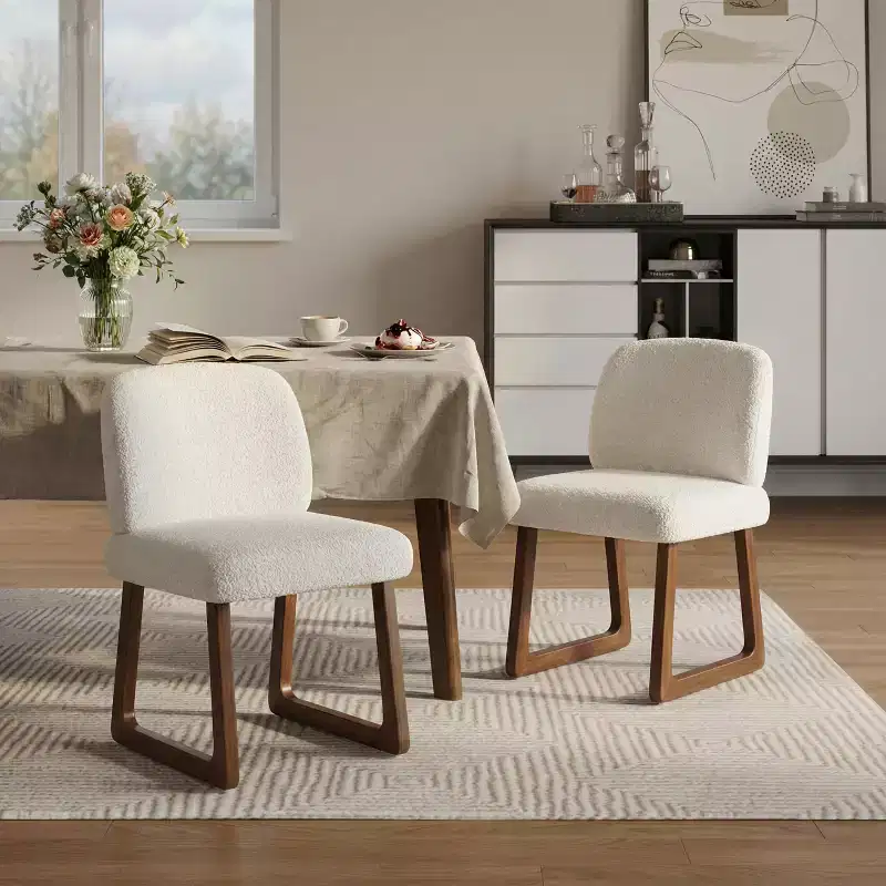 Set of 2 Boucle Upholstered Dining Chairs with Curved Wooden Legs, Beige - ModernLuxe