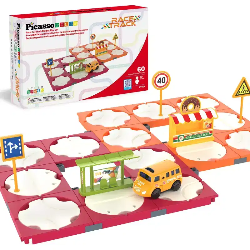 PICASSO-TILES Race Car Track Magnetic Tiles for Kids  60PCS STEM Construction Building Blocks Toy Set with Accessories