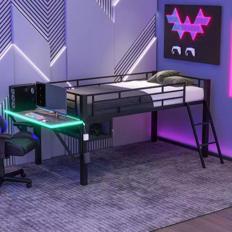Twin Gaming Loft Bed with Desk & LED Lights, Black Metal Mid Loft Bed with Storage for Kids Teens, eSports-Inspired Design