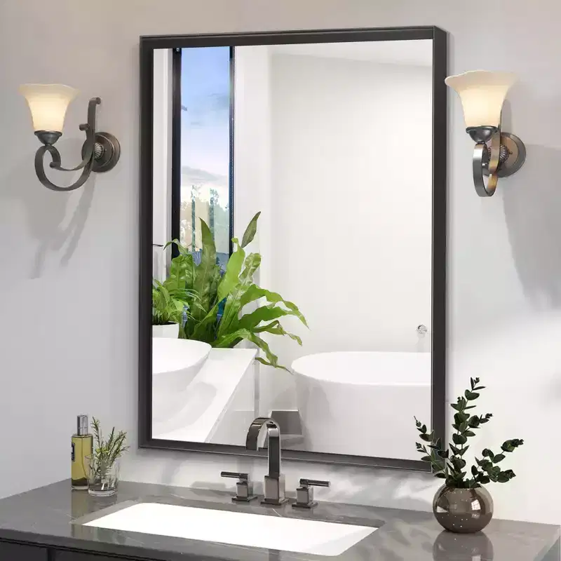 36x24inch Black Rectangular Bathroom Mirror Square Angle Metal Frame Wall Mounted Hanging Plates Wall Mount Mirror For Bathroom