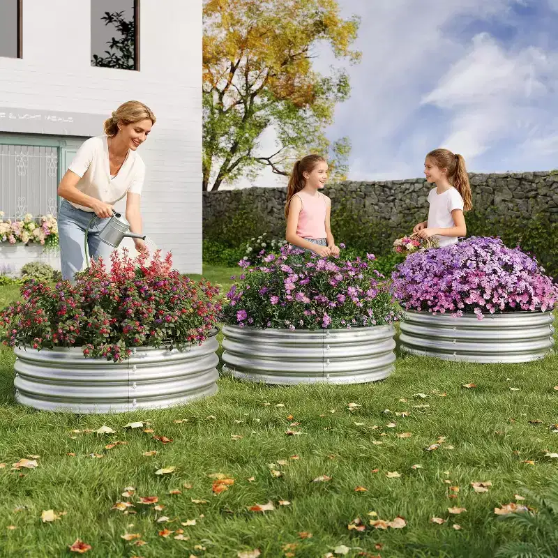 GustoWave 3 PCs 2x2x1FT Round Galvanized Steel Raised Garden Bed Kit for Vegetables, Flowers & Fruits, Silver