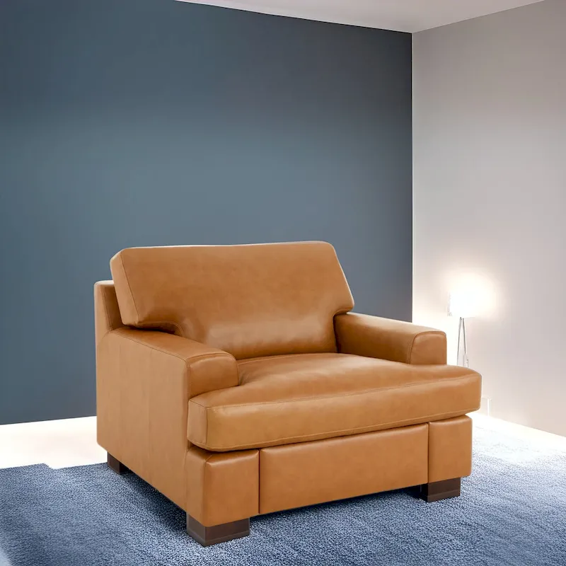 Genuine Leather Accent Chair &ndash; Goose Feather Cushion, Square Arms, Block Legs, 400 lb Cap