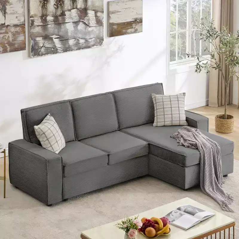 Sofa, L-Shaped Modular Sectional  Deep Seat Corduroy Convertible Sleeper Sofa Bed with Washable Covers for Living Room/Office Gray