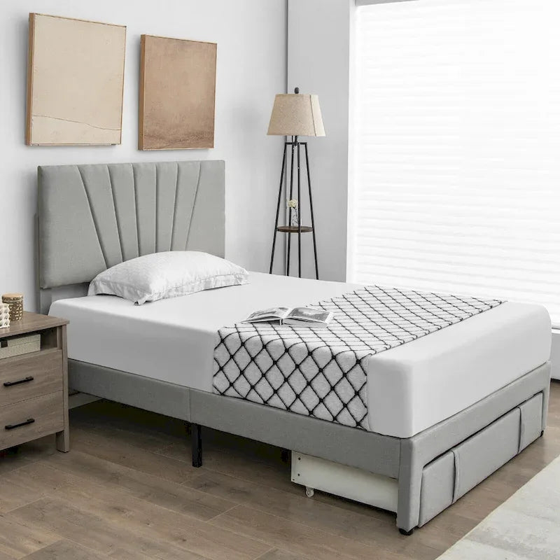 Linen Platform Bed Frame &ndash; Grey, Adjustable Headboard, 1 Pull-Out Drawer, Full / Queen, Sleeps 1