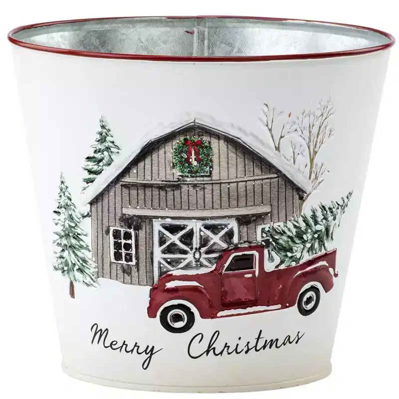 Napco 6.5 inch Rustic Metal Merry Christmas Red Truck & Barn Pot Cover Farmhouse Home & Garden Holiday Planter
