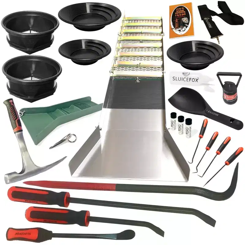 Complete Gold Mining Kit; Folding 50 inch Gold Sluice Box; Rock Pick Hammer; Gold Classifiers; Pay Dirt Scoop; Crevice Tools