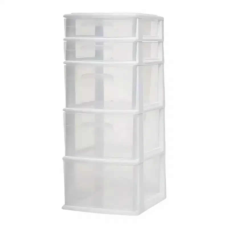 Storage Cart, Medium 5 Drawer Plastic Container for Home and Office Organization, White Frame with Clear Drawers