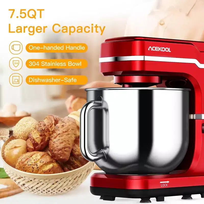 Stand Mixer, 7.5QT 660W Electric Food Mixer - 10-Speed Tilt-Head for Baking with Stainless Steel Bowl, RED