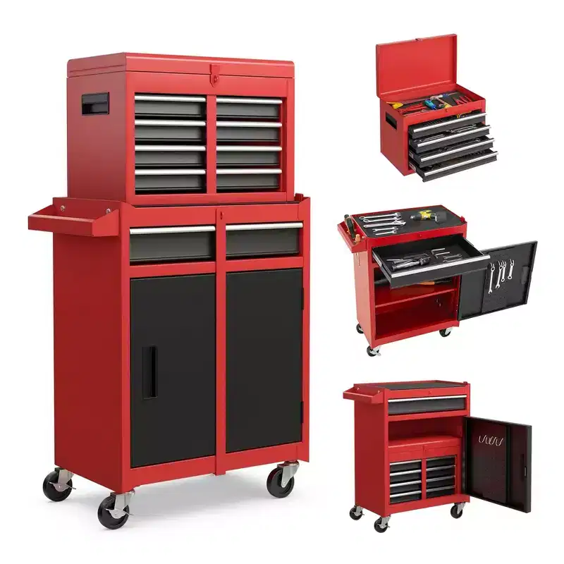 MAYEERTY Detachable 5-Drawer Rolling Tool Chest with Top Box, Lockable Wheels & Side Tool Rack for Garage, Workshop, Red