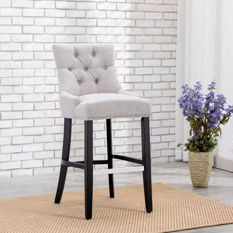 29" Linen Fabric Tufted Wingback Bar Stool, Light Gray