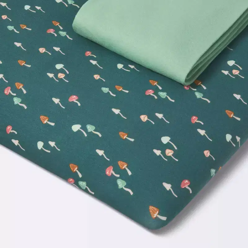 2pk Fitted Jersey Playard Crib Sheets - Mushroom/Solid Green - Cloud Island™: Food Pattern, 6" Deep Fit, Cotton & Spandex Mix