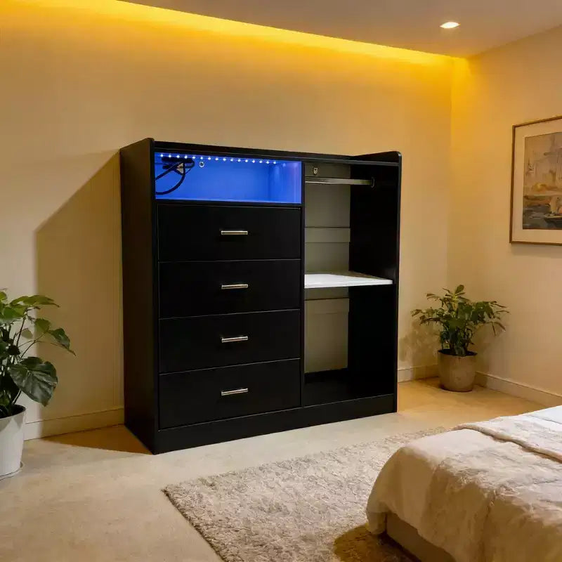 Modern LED Dresser with Open Wardrobe and 4 Drawers
