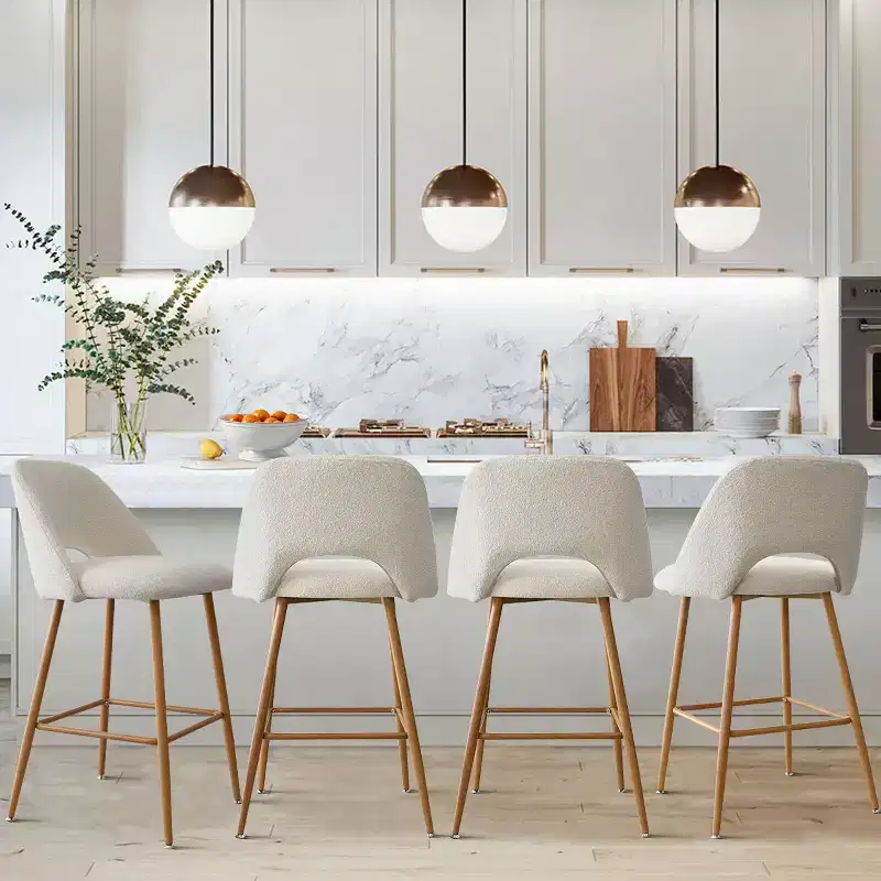 Boucle Counter Height Bar Stools with Backs, 27" Mid-Century Modern Breakfast Bar Chairs with Faux Wood Metal Legs