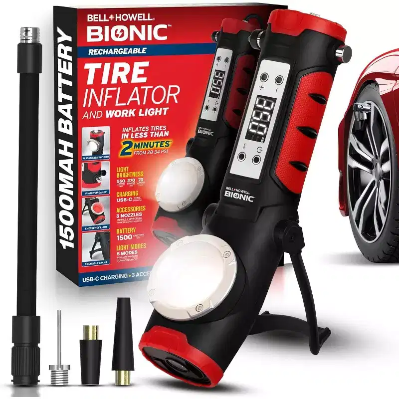 Bionic Car Tire Inflator Rechargeable Air Compressor with LED Pressure Gauge Work Light Emergency Light Window Breaker