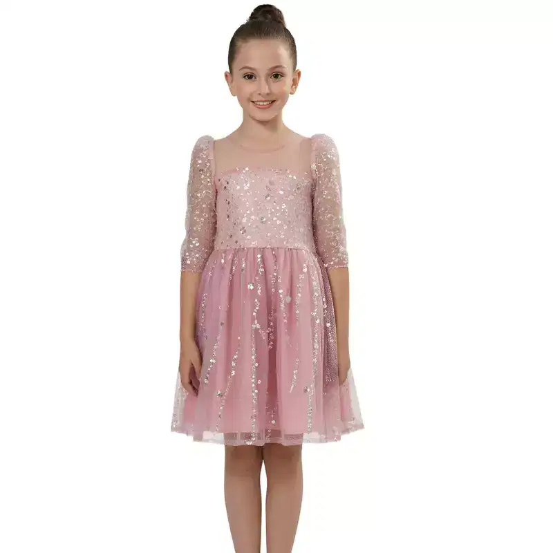 2Bunnies Girls' 4T-10Y Beaded Sequin Embellished Tulle 3/4 Sleeve Holiday Party Birthday Flower Girl Dress