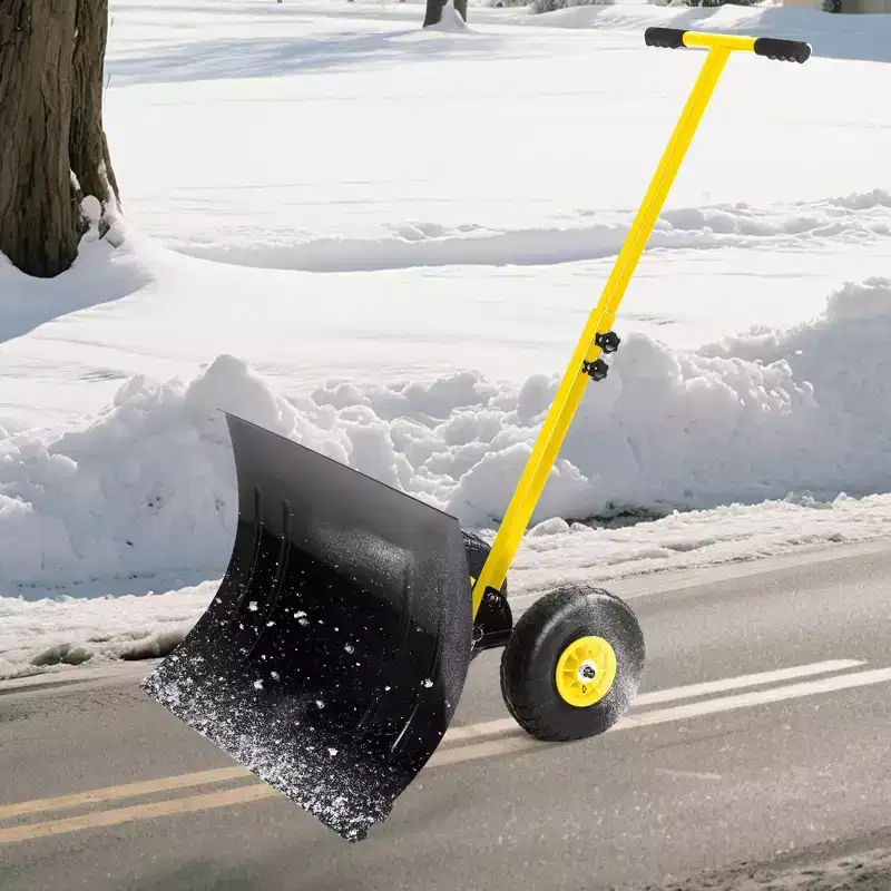 Snow Shovel with Wheels,29.1 W x 19.3 H Heavy Duty Snow Pusher for Driveway with Snow Removal Adjustable Angle & Height Handle for Driveway
