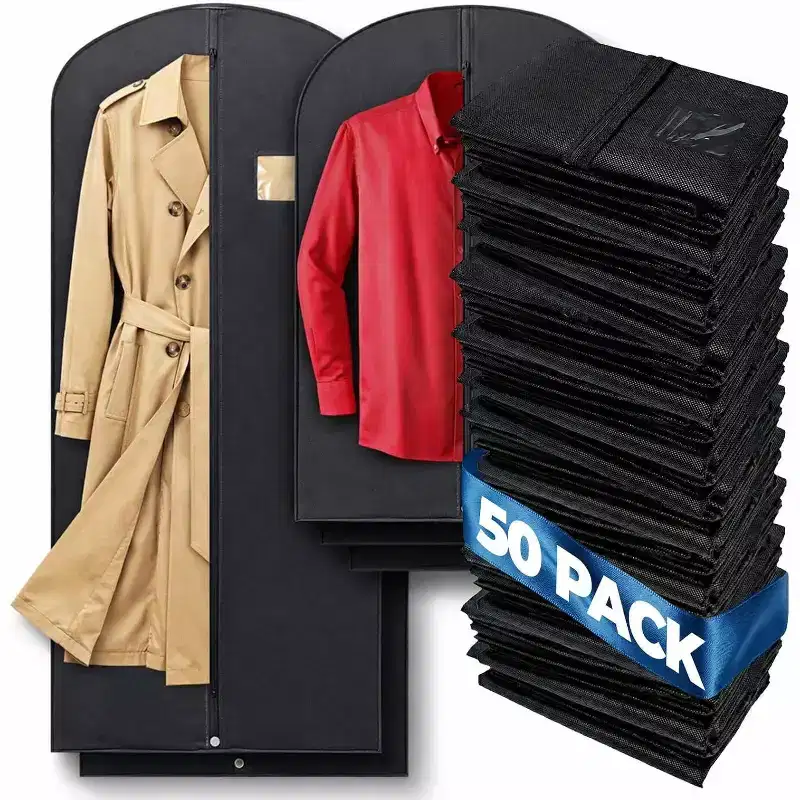 PLX Black Garment Bags for Hanging Clothes, Men Suit Bag for Travel and Clothing Storage Dresses Cover - Closet Garment Bags w/ Zipper (50 Packs)