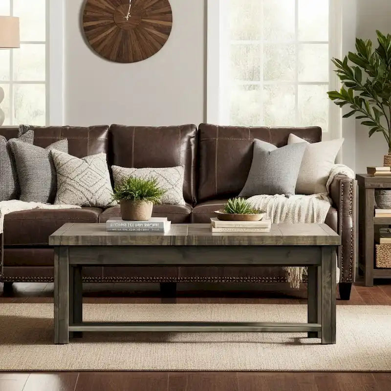 48-Inch Rustic Coffee Table &ndash; Barnwood, Knotty Alder Wood, 1 Lower Shelf