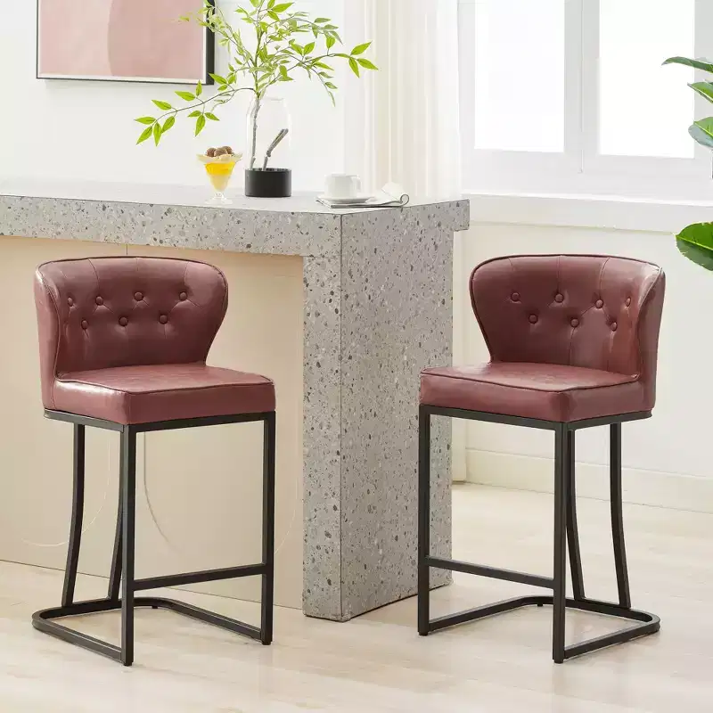 Counter Height Bar Stools Set of 2, Leather Upholstered with Back, Black, 24"