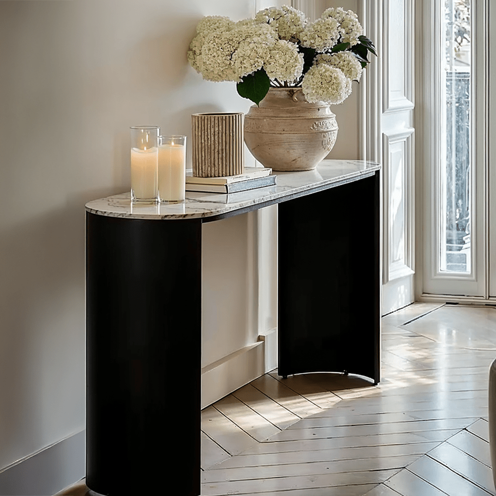 Black Curved Console Table with Marble Top