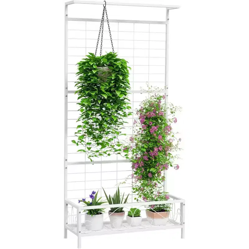NAYSAYE Tall Plant Stand with Trellis and Hanging Bar, Metal Plant Holder Flower Stand for Vine Climbing Plants Flowers Indoor Outdoor Use