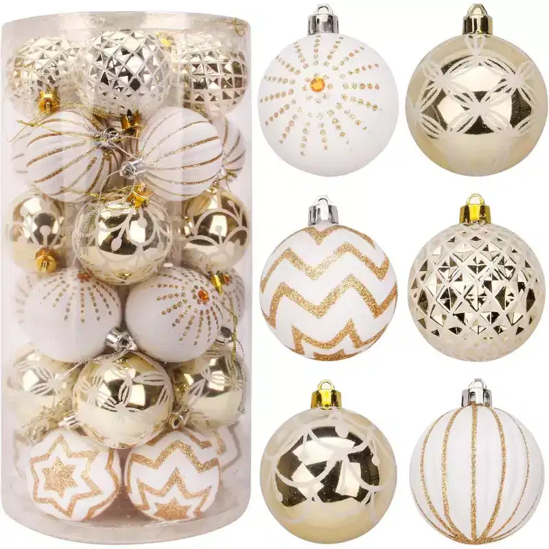 Joyfy Christmas Ornaments, Christmas Tree Decorations Indoor, 30ct Gold & White Christmas Assorted Ornament Set, Hanging Balls, Tree & Wreath Decor