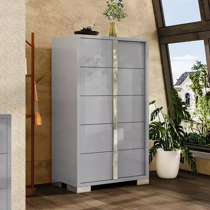 50.2 H 5-Drawer Dresser with Glossy Surface and Chrome Handles