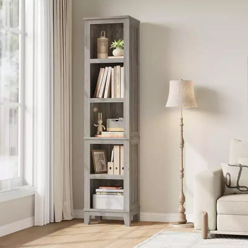Narrow 5-Tier Bookcase, 71.3 Tall Farmhouse Bookshelf with Vintage Design, Slim Wooden Storage Shelf for Living Room, Home Office, and Bedroom