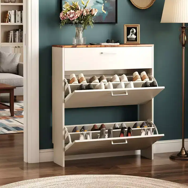 31" Shoe Cabinet with 2 Flip Drawers and 1 Standard Drawer, Holds 16 Pairs