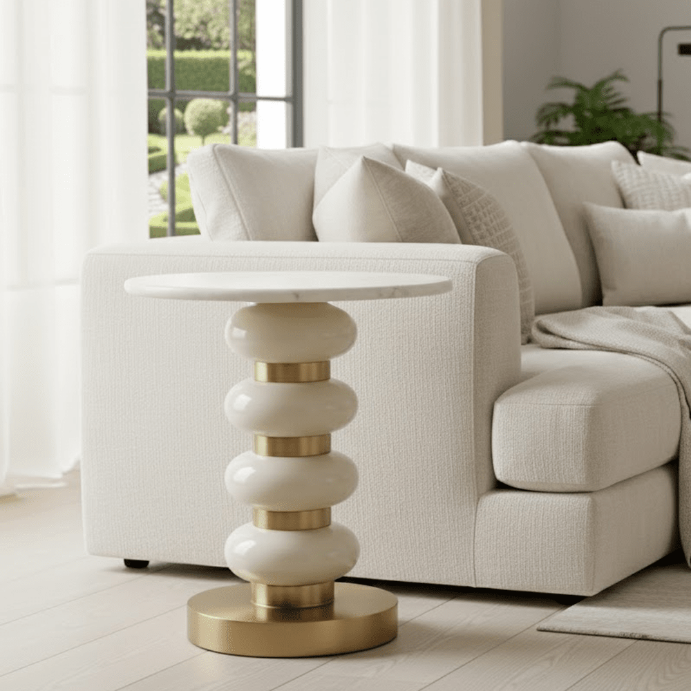 Cream & Gold Side Table with Marble Top
