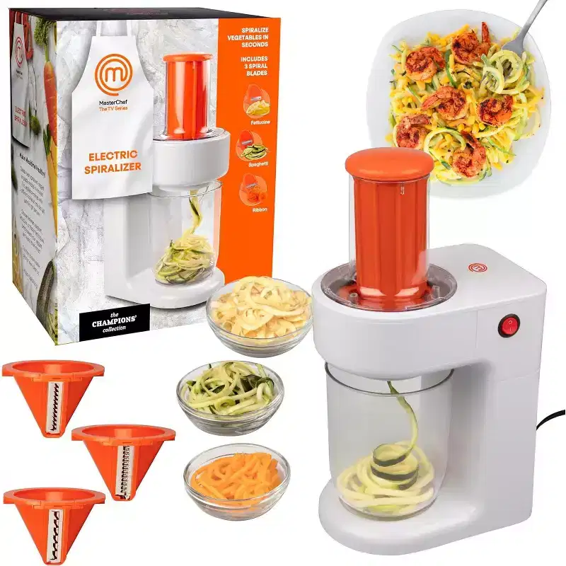 MasterChef Electric Spiralizer- 3-in-1 Vegetable Noodle Pasta Maker - Zoodle Zucchini Veggie Slicer and XL Hopper (w FREE Recipe Guide)