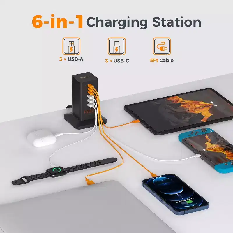 ACOINEL PD 100W USB C Charger Block - Home Office Dorm Essentials, 6-in-1 Charging Station with 6 USB Ports (3USB-C/3USB-A)