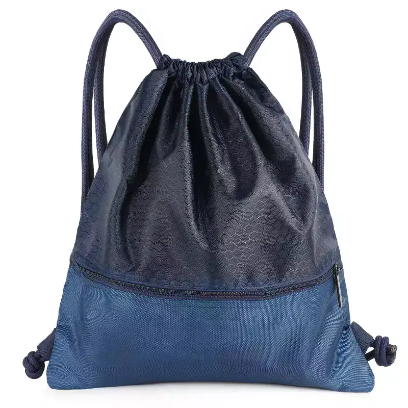 Drawstring Backpack Bag, Waterproof Draw String Back Sack with Zip Pocket, Gym Drawstring Bags Swim Bag for Men Women (Navy Blue, Upgraded) One Size