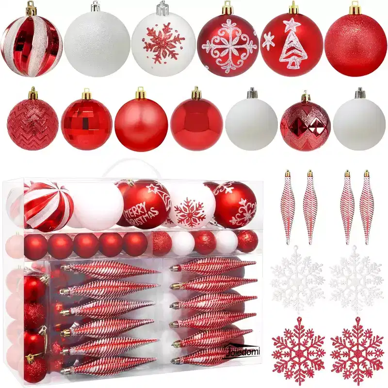 Joyfy Christmas Ornaments, Christmas Tree Decorations Indoor, 133ct Red & White Christmas Assorted Ornament Set, Hanging Balls, Tree & Wreath Decor