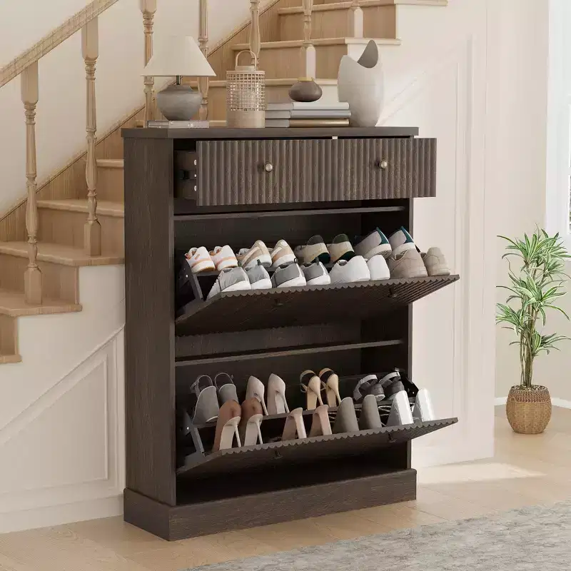 Shoe Cabinet, Entryway Cabinet  42Tall Walnut Wooden Cabinet 2 Flip Drawers+Top Drawer Curved Profile