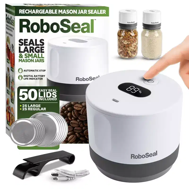 RoboSeal Rechargeable Mason Jar Vacuum Sealer Kit with Lids - 1 Touch Operation, Food Preserver with Auto Stop