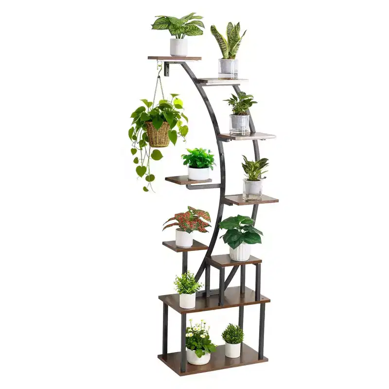 VEVOR Plant Stand Indoor with Grow Lights, 63 in Tall 9-Tier Lighted Plant Shelf, Metal Corner Plants Holder, 3 Timer & 10 Brightness,Brown